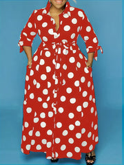 Plus Size Women's Polka Dot Maxi Dress with Collared Button Front and Belt