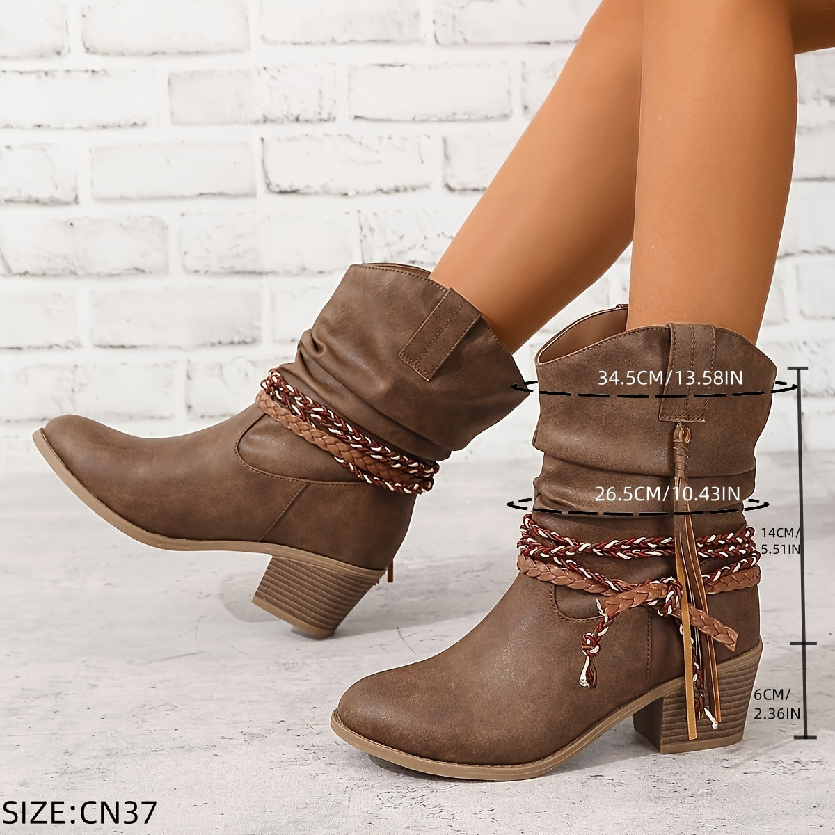Women's Western Cowboy Boots with Tassel and Braided Buckle Block Heel