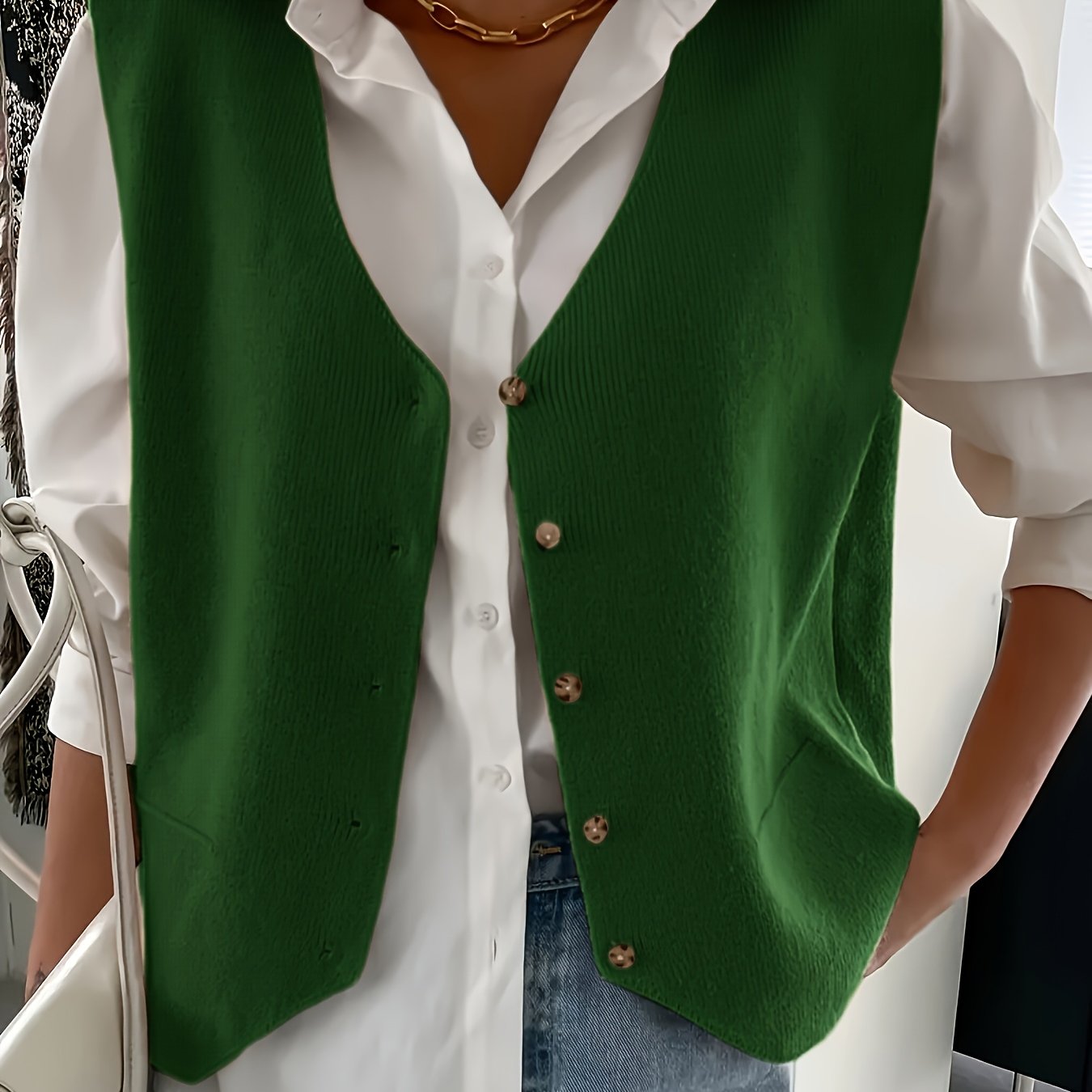 Women V-Neck Knit Cardigan Polyester Solid Color Fall Winter Coat