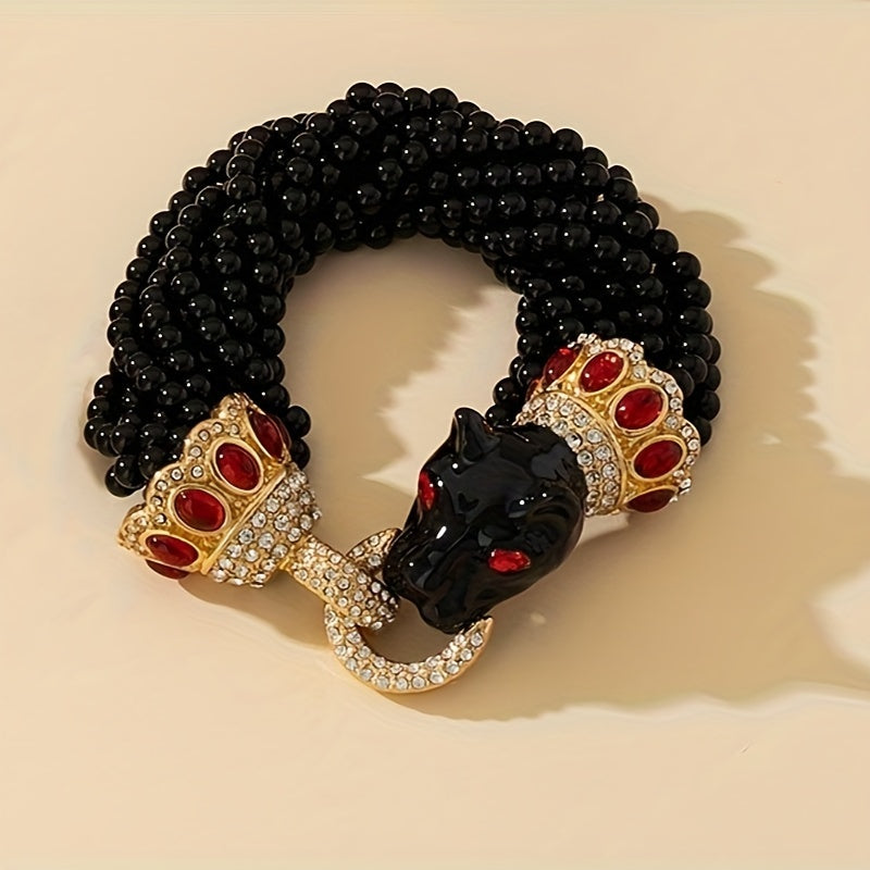 Leopard Print Necklace and Bracelet Set with Glass Beads and Enamel Chain for Women