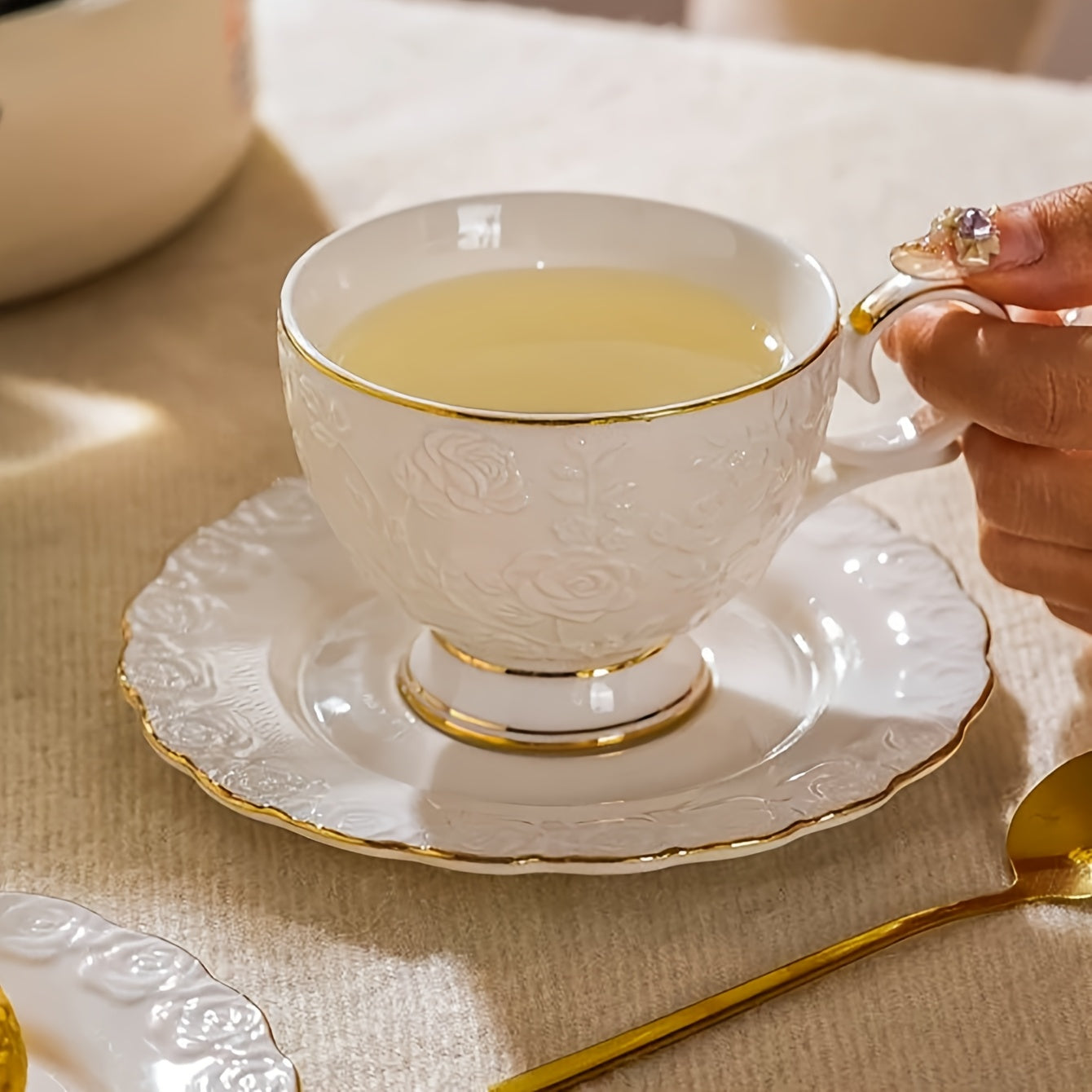 European Style Gilded Ceramic Coffee Cup and Saucer Set Embossed Gold Edges for Tea Latte Breakfast