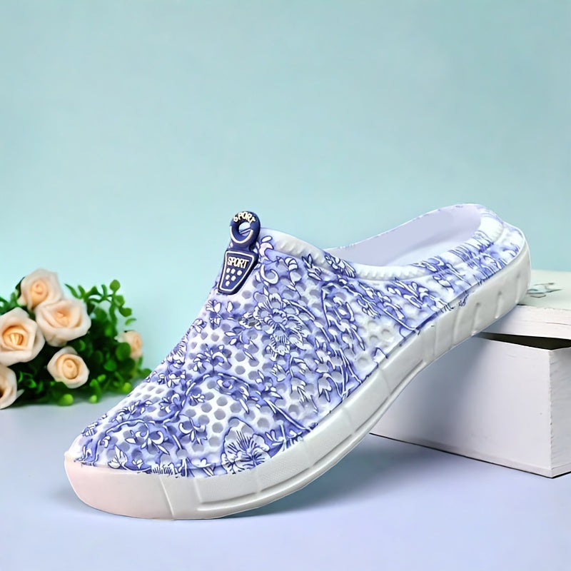 Women’s Breathable EVA Clogs Blue and White Porcelain Design Slip-On Shoes