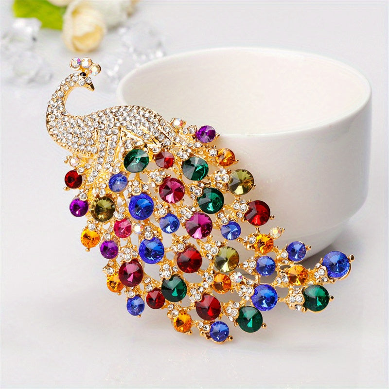 Vintage Peacock Rhinestone Brooch Colorful Crystal Animal Pin for Women