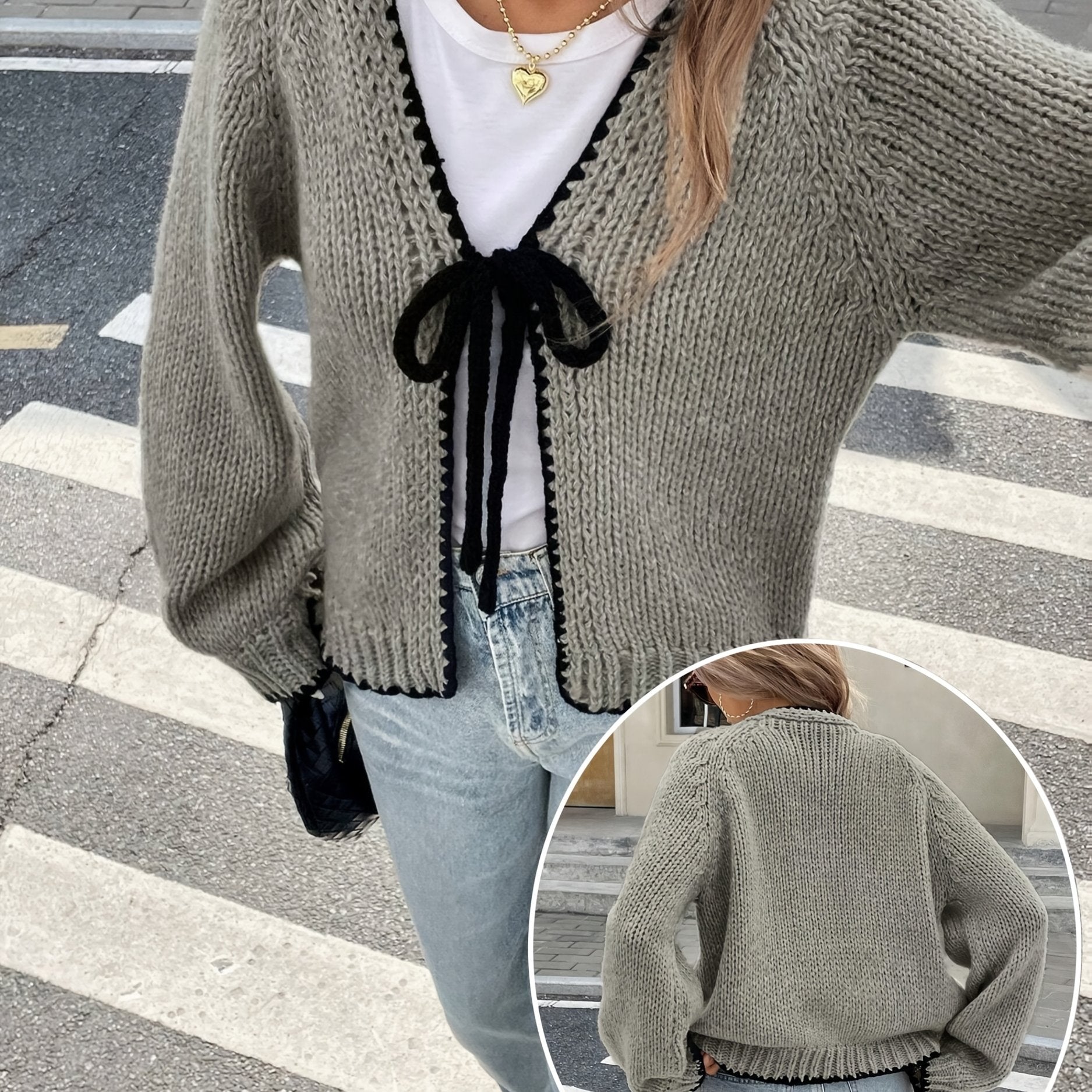 Women's Plus Size Two-Tone Long Sleeve V-Neck Cardigan with Ribbon Tie