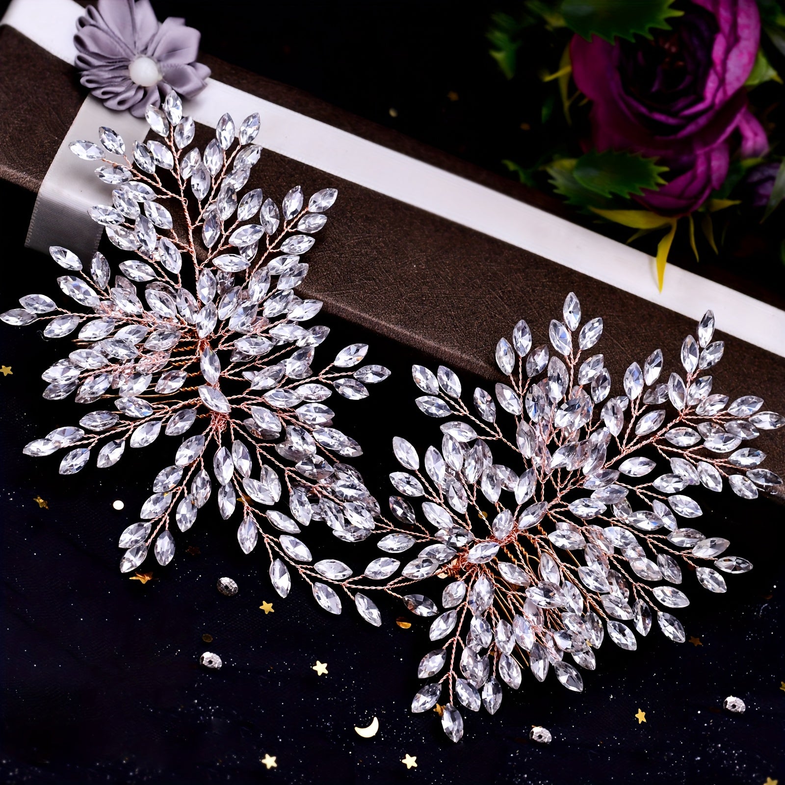 Y2K-Inspired Polyresin Rose Hair Comb with Rhinestones for Weddings and Formal Events