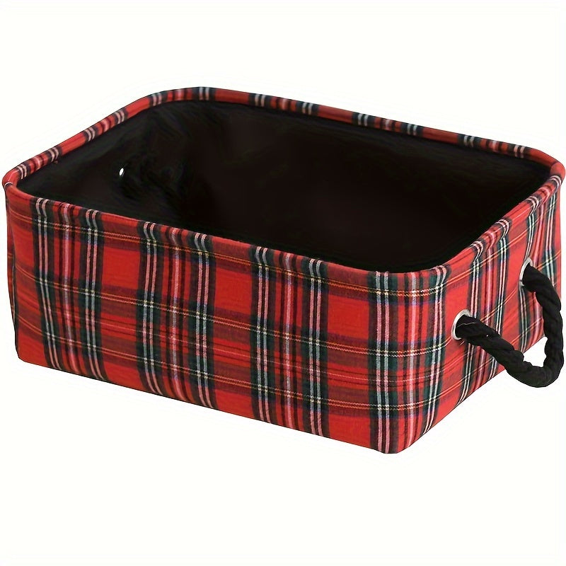 Festive Plaid Storage Basket with Handles for Holiday Decorations and Gifts
