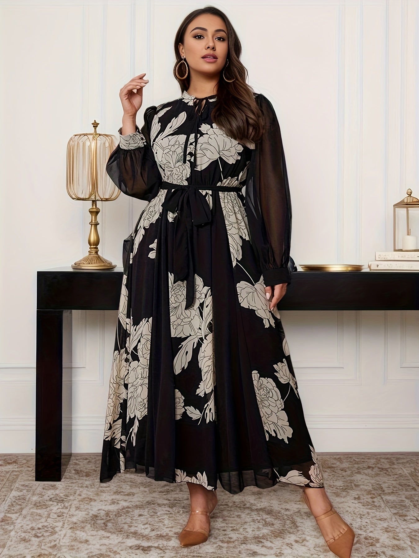 Plus Size Floral Chiffon Dress with Lantern Sleeves A-Line Midi for Spring Fall