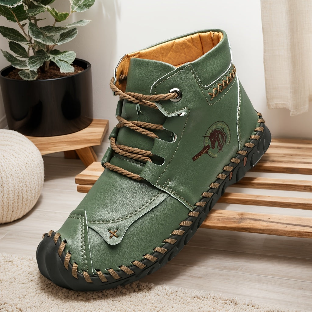 Women's Vintage-Inspired High-Top Lace-Up Boots with Flat Heel
