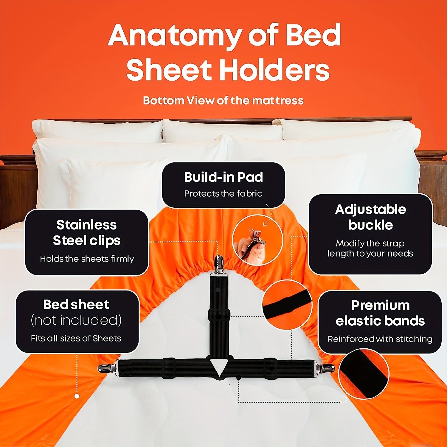 Adjustable Bed Sheet Straps for Secure Fitted Sheets, 4 Pieces