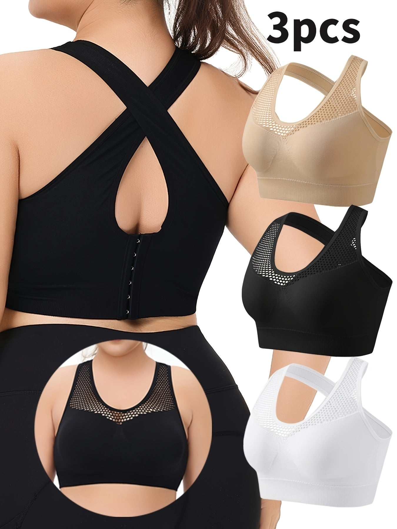 Women's Seamless Mesh Sports Bra Set of 3 Adjustable Plus Size No-Wire Yoga