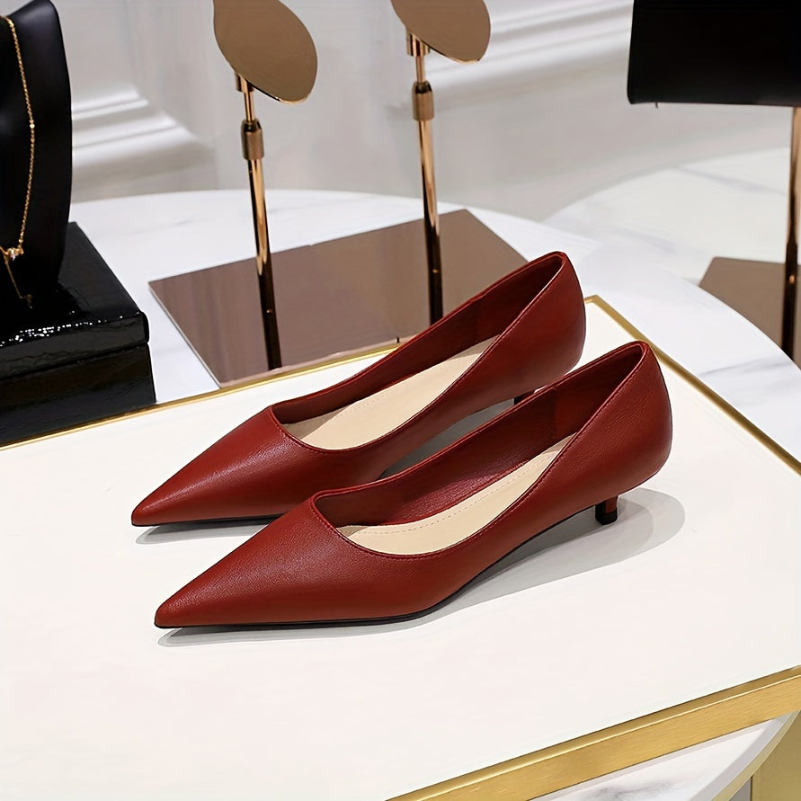 Women's Kitten Heel Pumps Pointed Toe Slip-On Dress Shoes Faux Leather All-Season