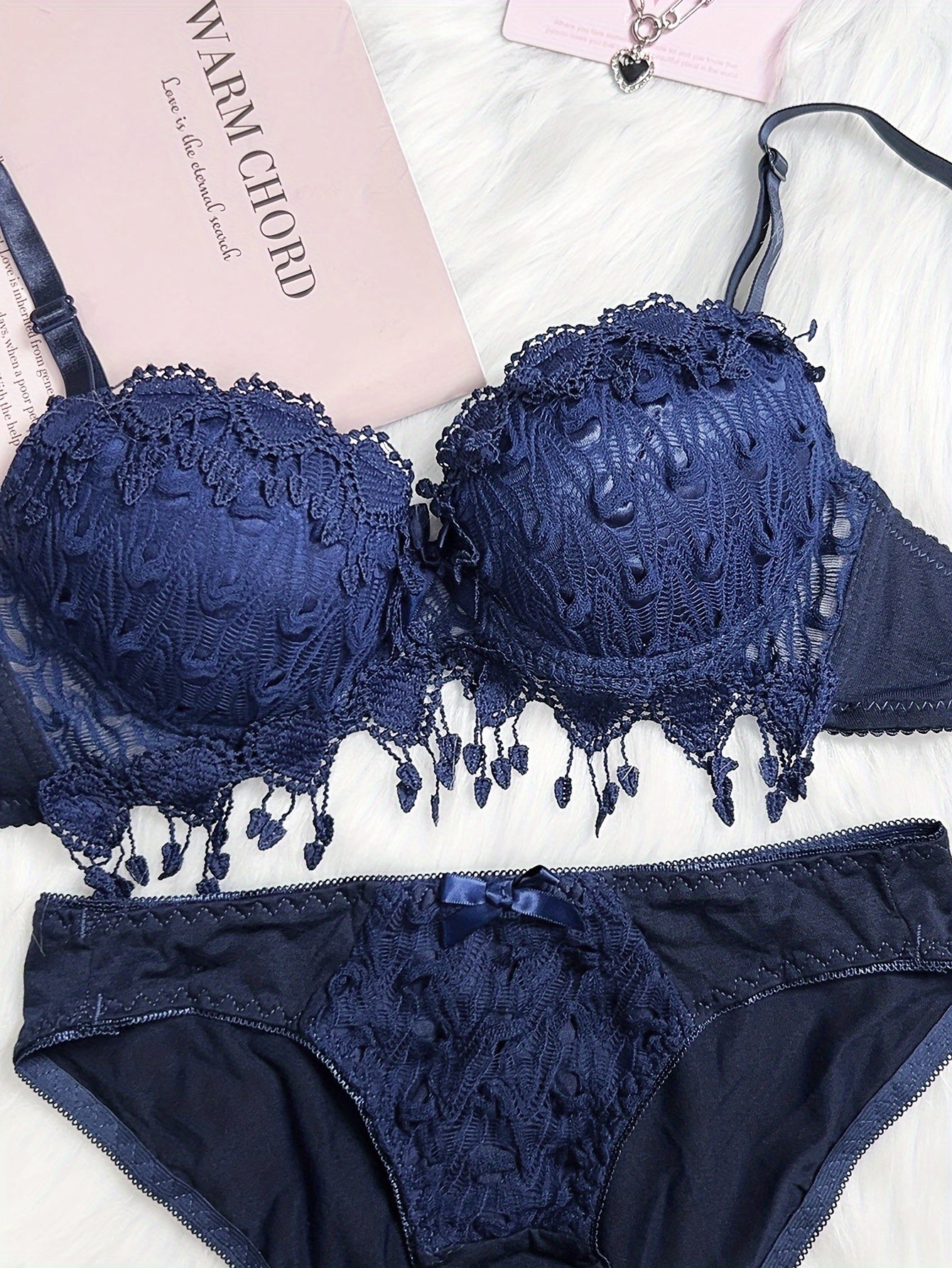 Women Red Heart Embroidery Lingerie Set with Push-Up Bra and Removable Pads