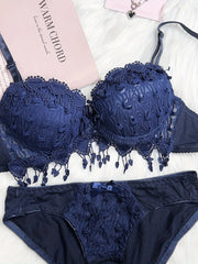 Women Red Heart Embroidery Lingerie Set with Push-Up Bra and Removable Pads