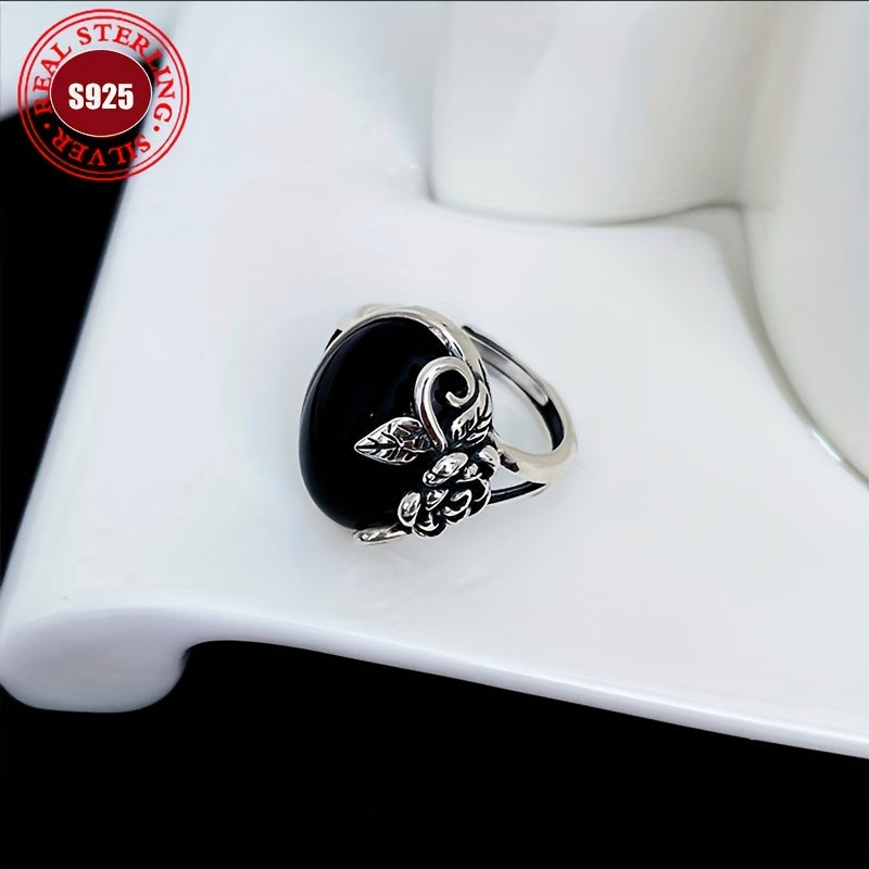 Винтажное роскошное кольцо с розой - Элегантное регулируемое кольцо из 925-й стерлинговой серебра с имитацией нефрита, идеальный подарок для нее