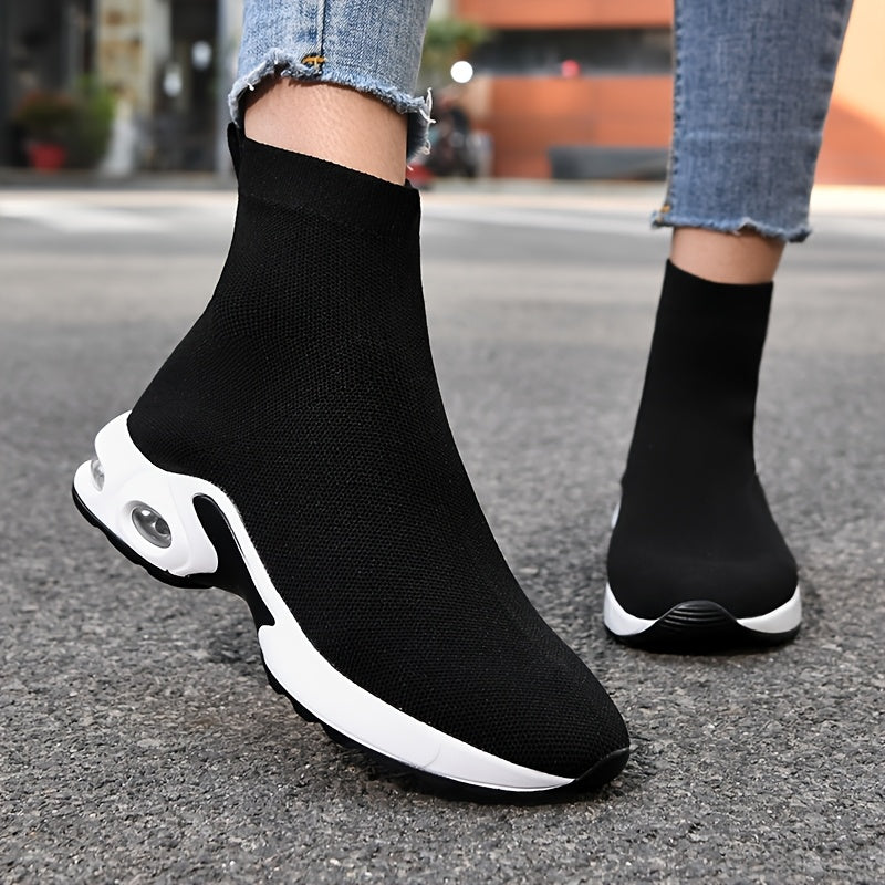 Women's High-Top Knit Sock Sneakers Breathable Air Cushion Casual Black White
