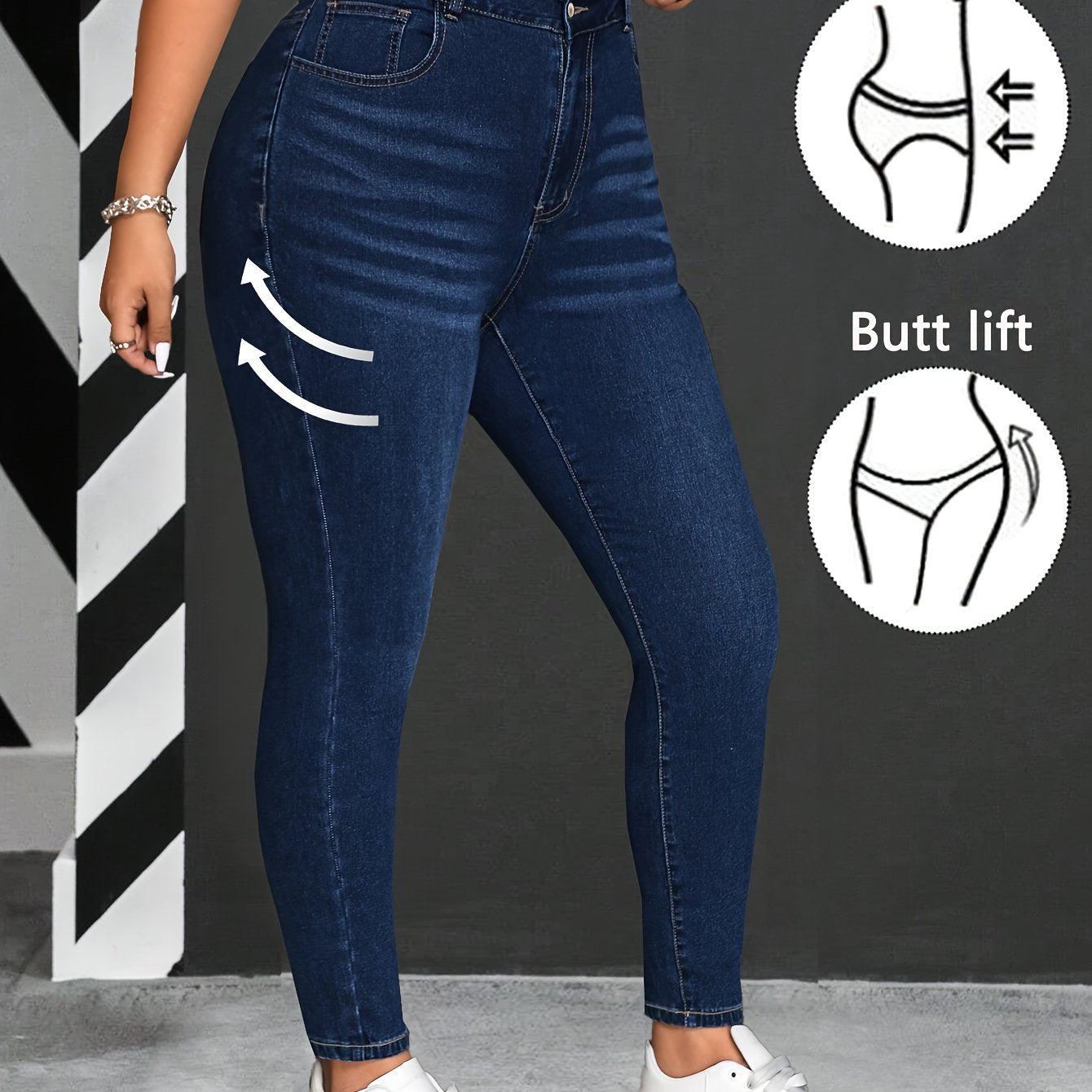 Plus Size High Stretch Skinny Jeans Solid Color Denim Cotton Blend Long Length Woven Pants