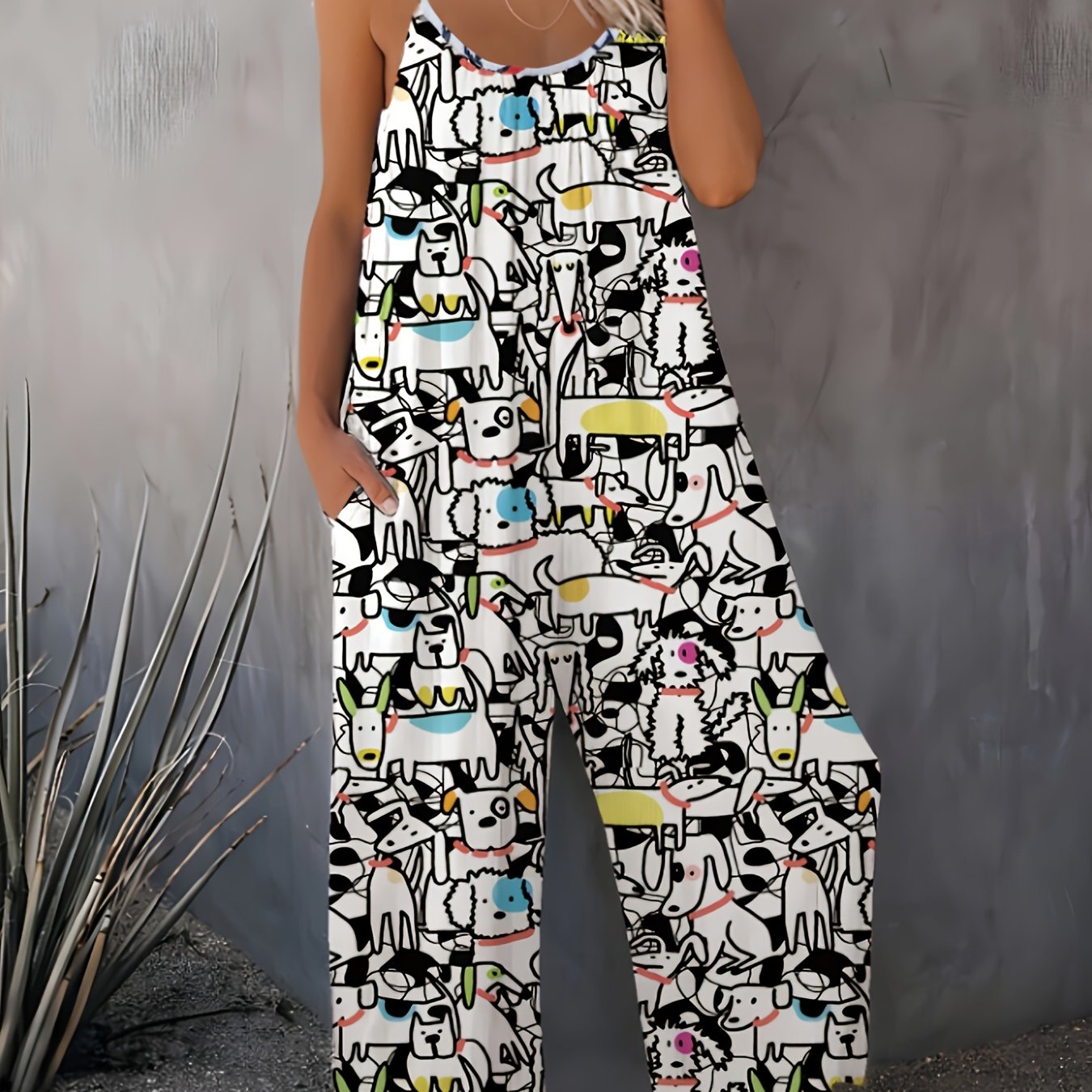 Plus Size Women's Dog Print Jumpsuit Sleeveless Romper with Pockets