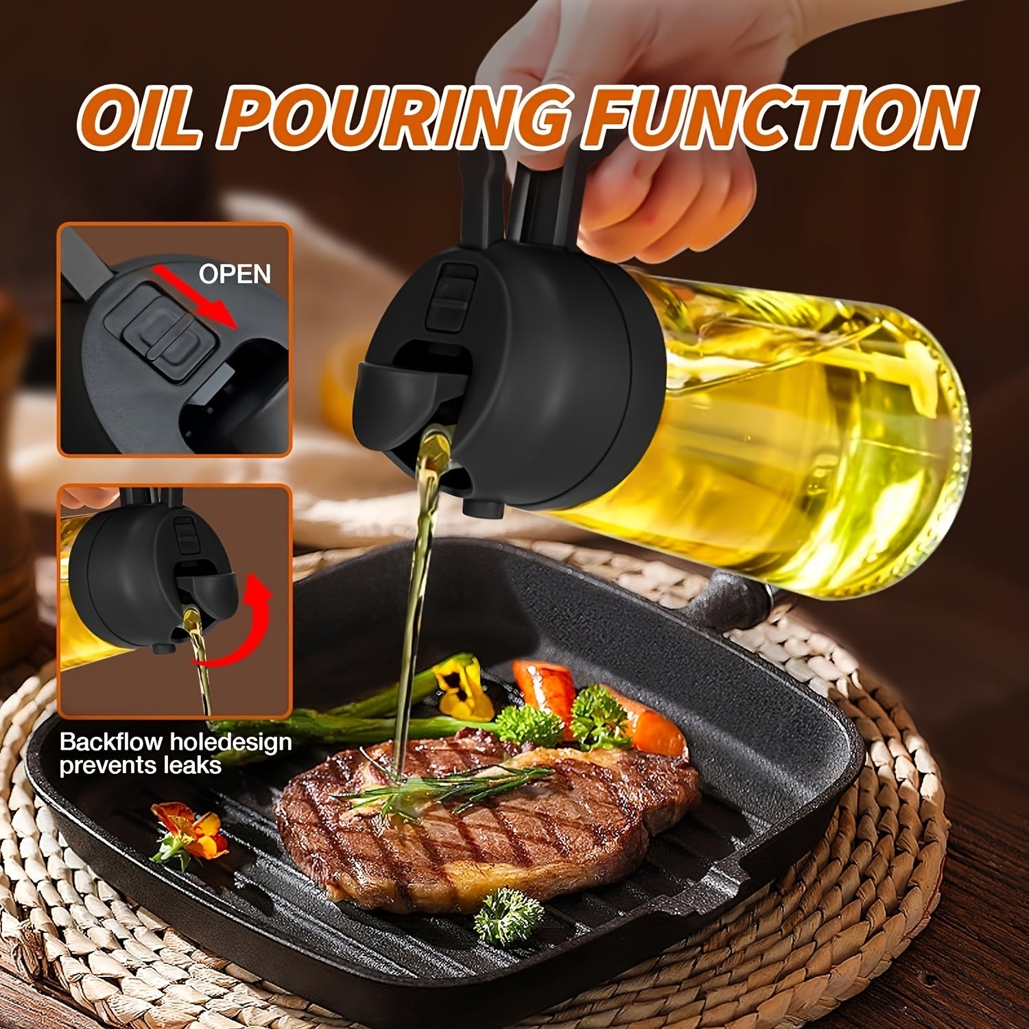 2-in-1 Oil Sprayer and Dispenser 470ML Plastic Kitchen Spray Bottle for Cooking BBQ Baking