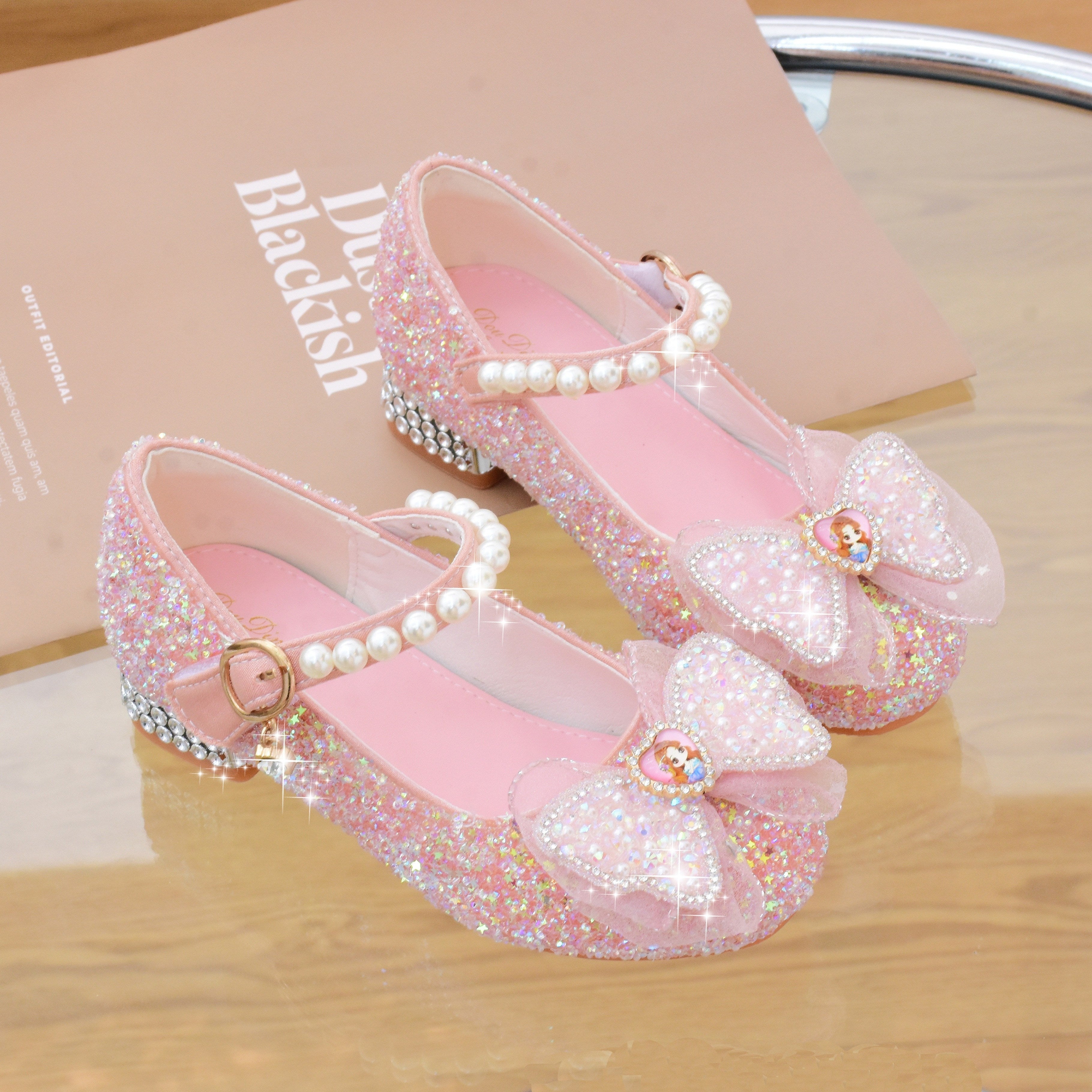 Girls Pink Glitter Butterfly Bow Mary Jane Flats with Pearl Accents for Weddings and Parties
