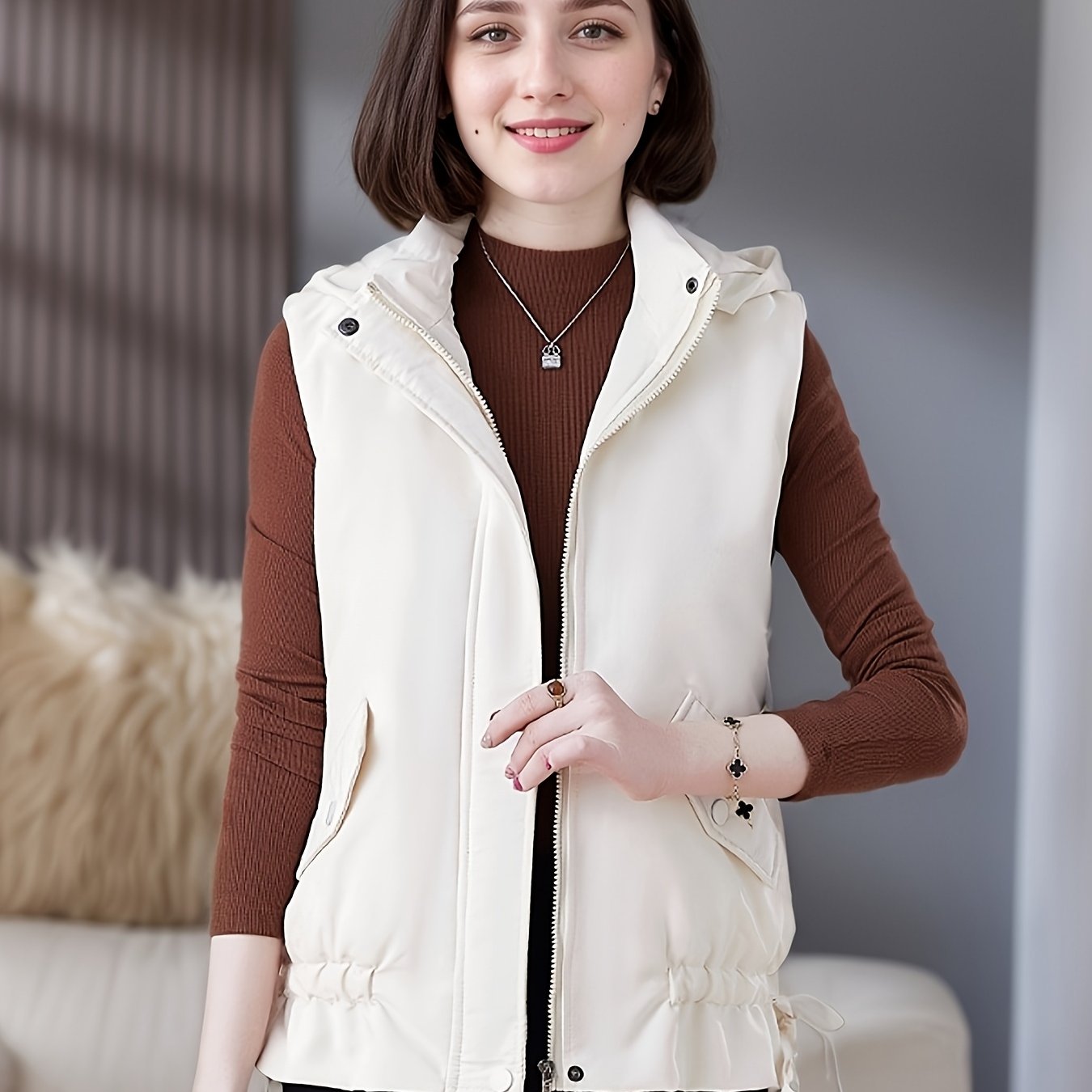 Women's Beige Hooded Puffer Vest Casual Warmth Polyester Lined