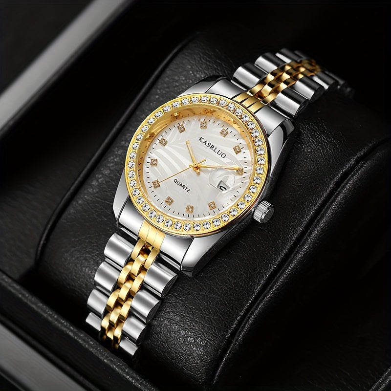 Women's Rhinestone Quartz Watch with Moon-Phase Calendar and Stainless Steel Band