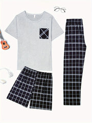 Men's Plaid Sleepwear Set with Crew Neck T-Shirt Long Pants and Shorts Polyester All Season