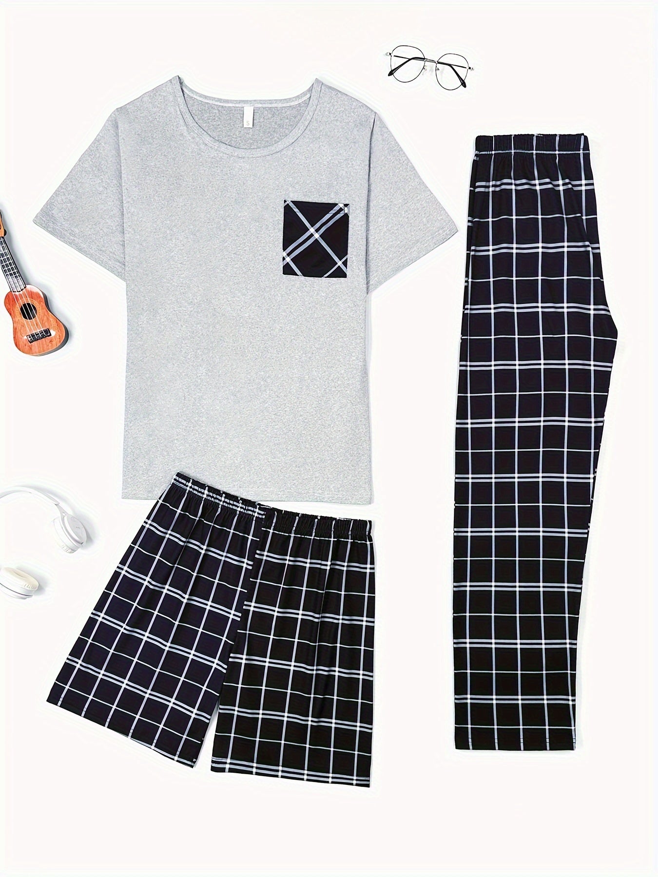 Men's Plaid Sleepwear Set with Crew Neck T-Shirt Long Pants and Shorts Polyester All Season