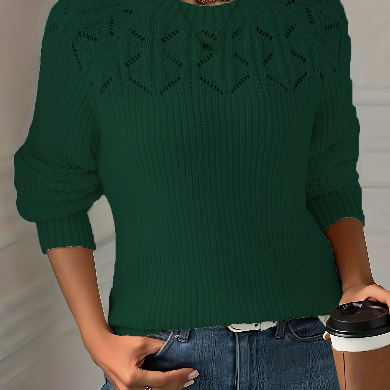 Ayollar uchun trikotaj kofta, uzun qoʻl, Raglan bo‘shliq, elastik, ochiq naqsh