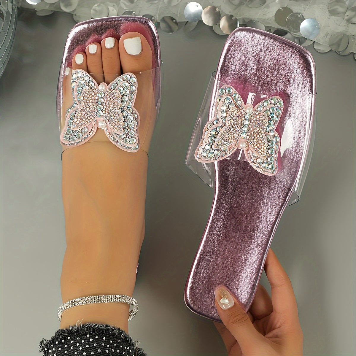 Women's Rhinestone Butterfly Flat Sandals Open Toe Summer Shoes Elastic Band Casual Slip-On