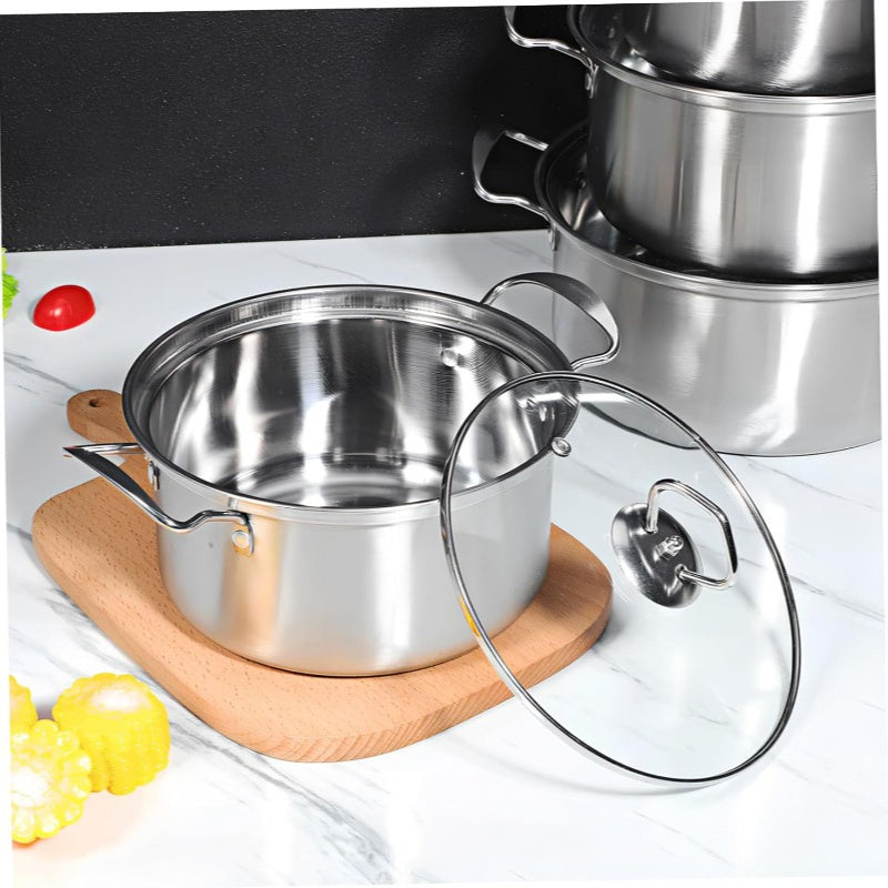 Juego de utensilios de cocina de acero inoxidable de 5 piezas con tapas de vidrio, compatible con inducción y apto para lavavajillas