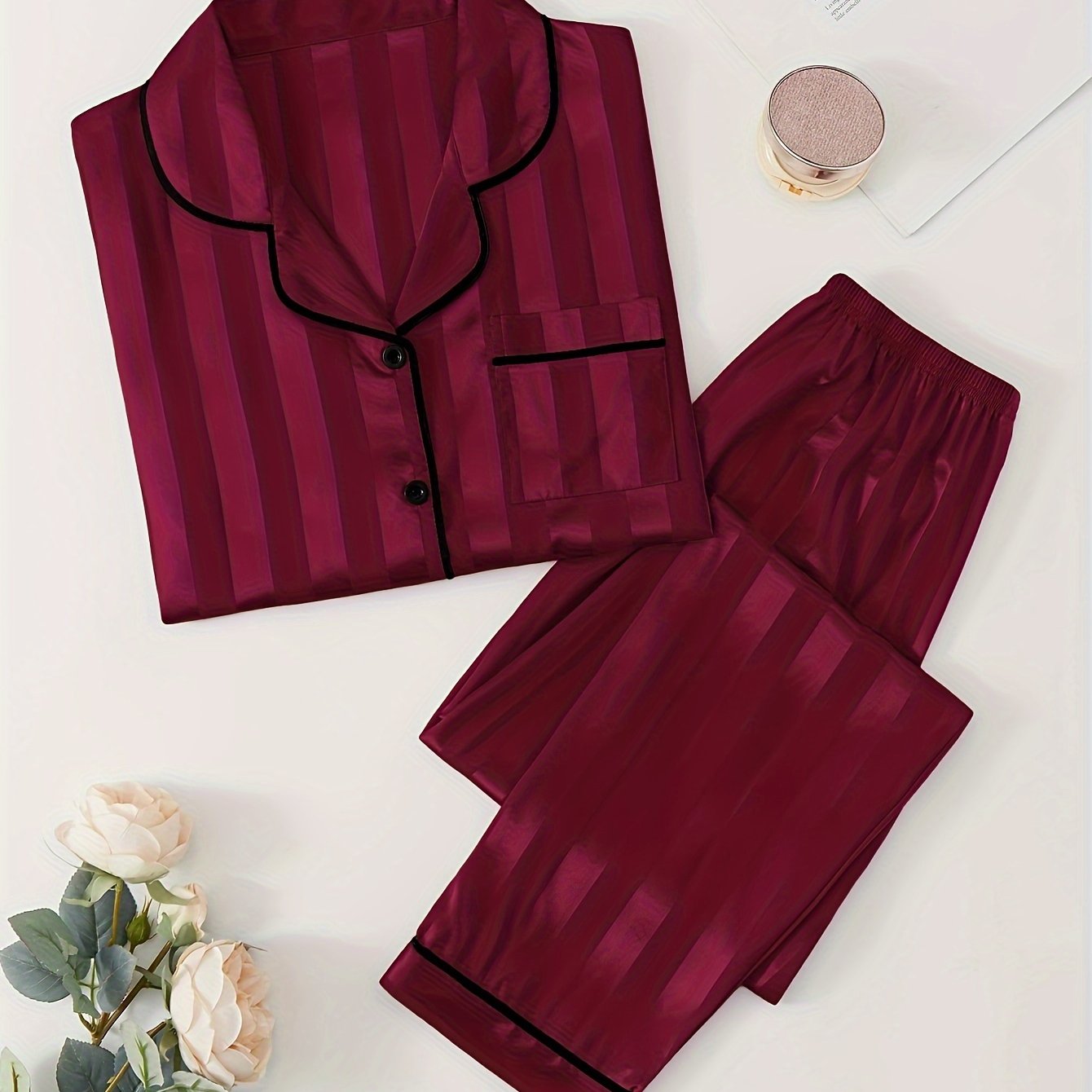 Women's Satin Pajama Set with Striped Long Sleeve Top and Lounge Pants Sleepwear Loungewear
