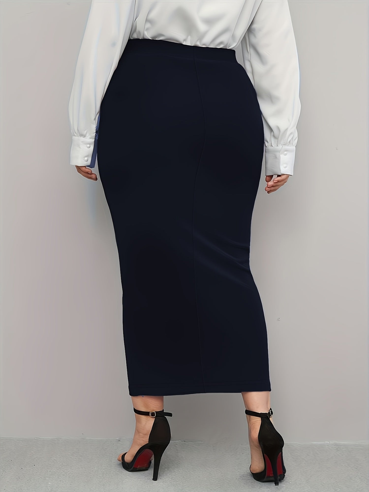 Plus Size Midi Pencil Skirt Polyester Knit Solid Color Straight Cut
