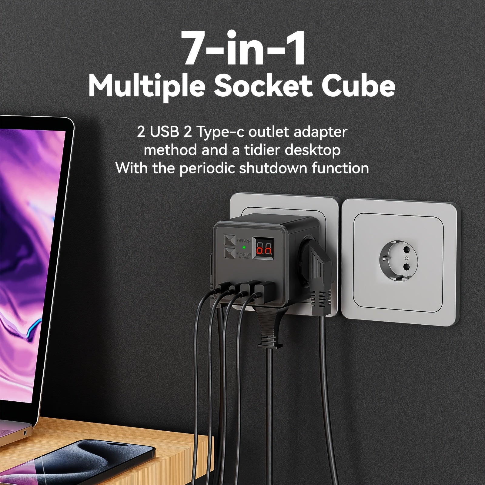 7-in-1 Multi-Socket Surge Protector Power Strip with USB Type-C and Timer Function