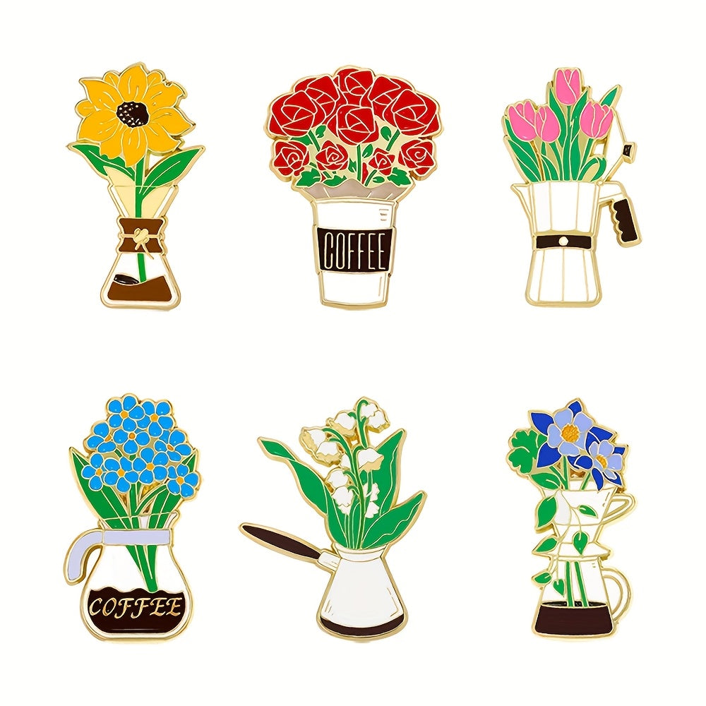 Set of 6 Minimalist Alloy Coffee Flower Enamel Brooch Pins Irregular Shaped Lapel Accessories