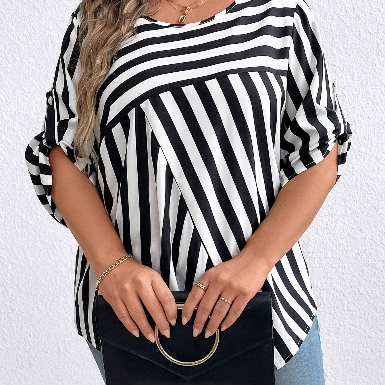 Plus Size Stripe Print Woven Blouse with Crew Neck and Oversized Fit