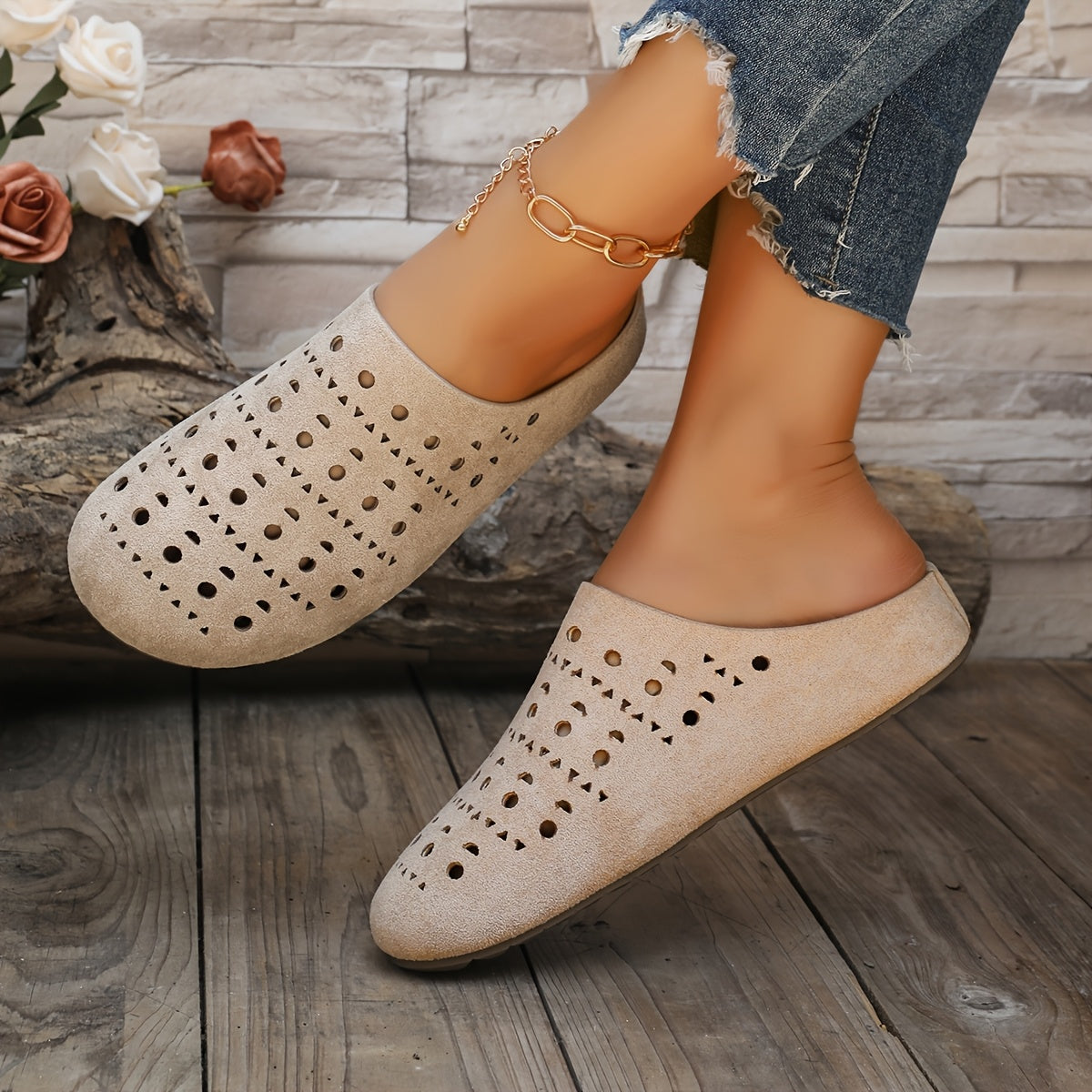 Women's Breathable Geometric Cut-Out Flat Mules Open-Toe Summer Sandals