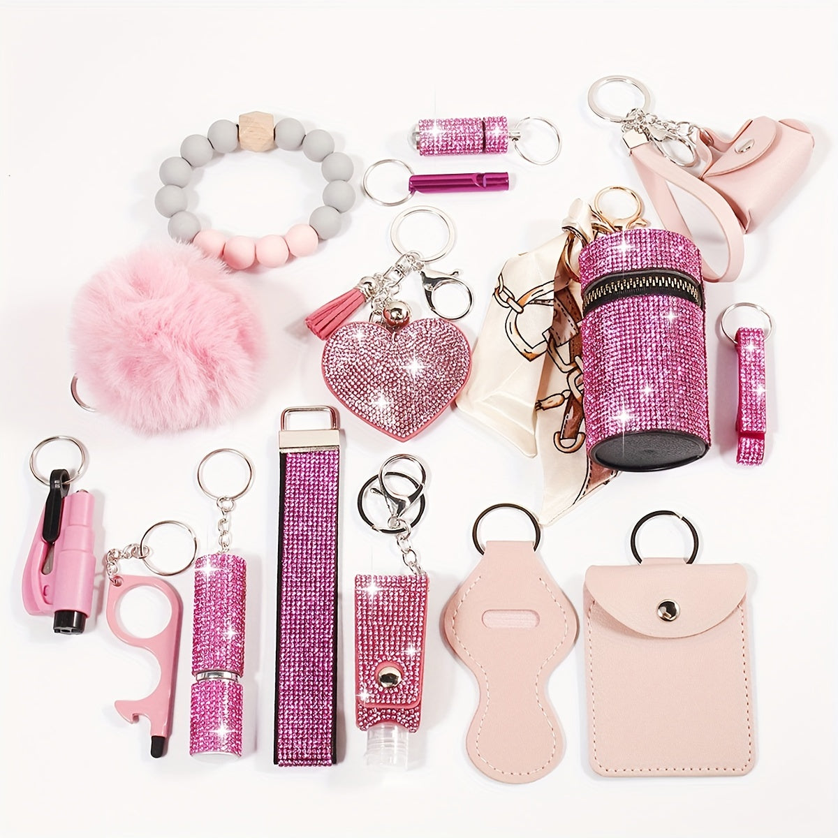 Set of 15 Rhinestone Safety Keychains with Wristlet, Pouch, Pom Pom Card Holder and Accessories