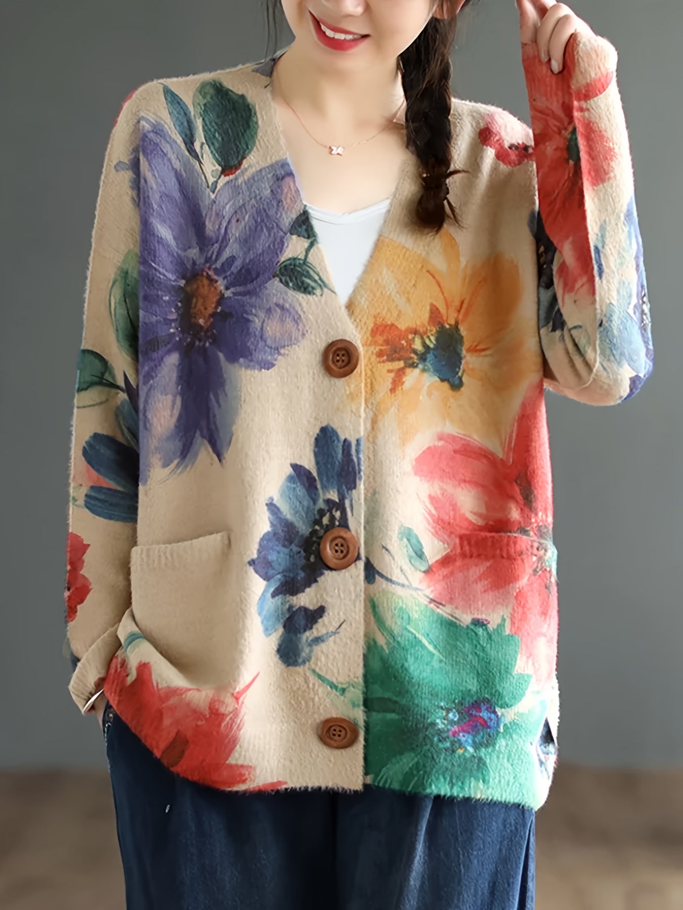 Women's Plus Size Floral Pattern Cardigan with Pockets Long Sleeves Fall Winter