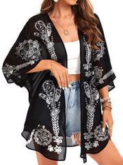 Women's Summer Kimono Cardigan with Printed Bubble Sleeves and V-Neck
