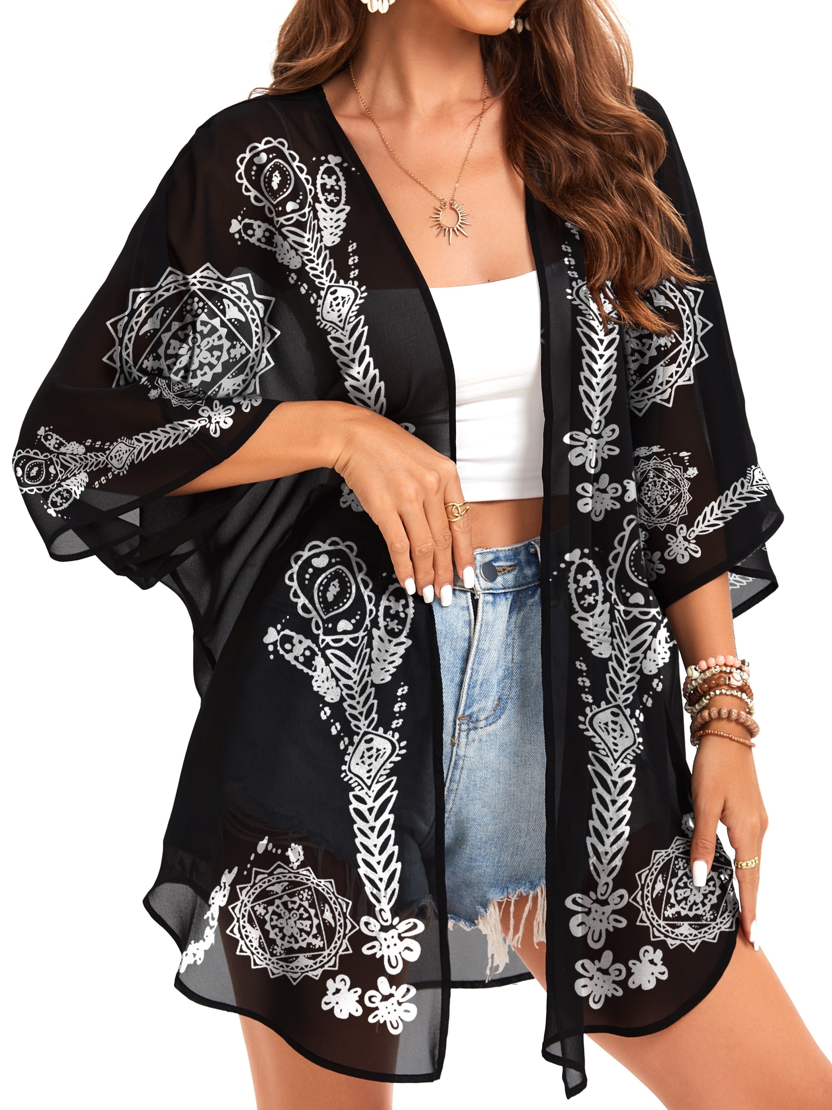 Women's Summer Kimono Cardigan with Printed Bubble Sleeves and V-Neck