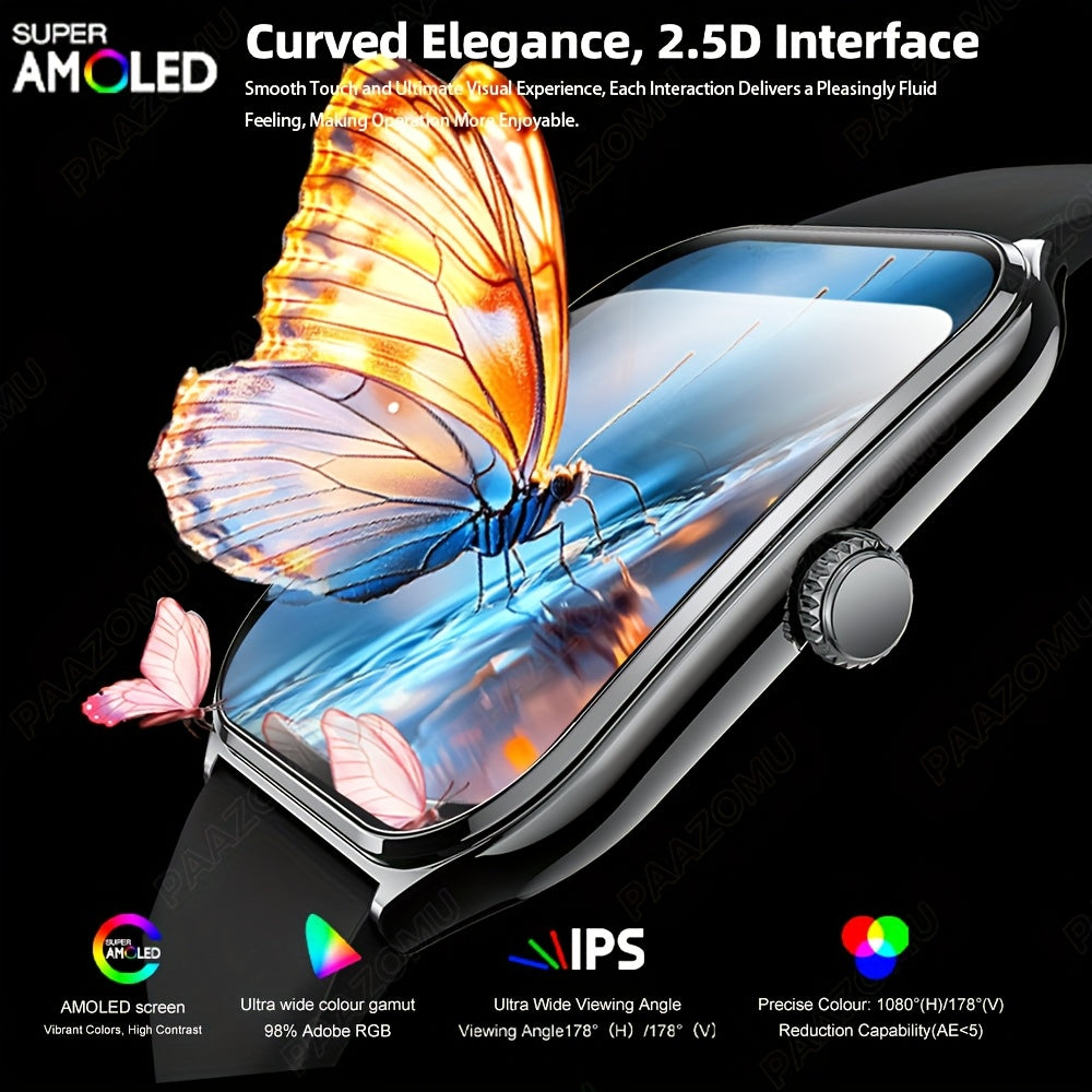 PAAZOMU Ultra-Thin AMOLED Smartwatch HD Resolutsiya, Wireless 5.2, Ko'p Sport Traker, Musiqa va Qo'ng'iroq Funktsiyalari, Qotishma Tanasi, Silikon Kamar, iPhone va Android uchun Qayta Zaryadlanadigan Batareya.