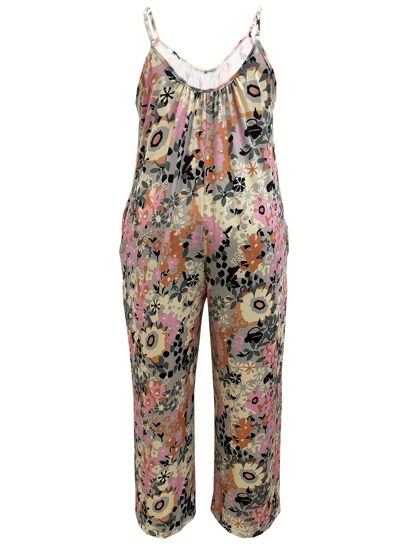 Plus Size Women's Floral Print Jumpsuit with Pockets for Summer Casual