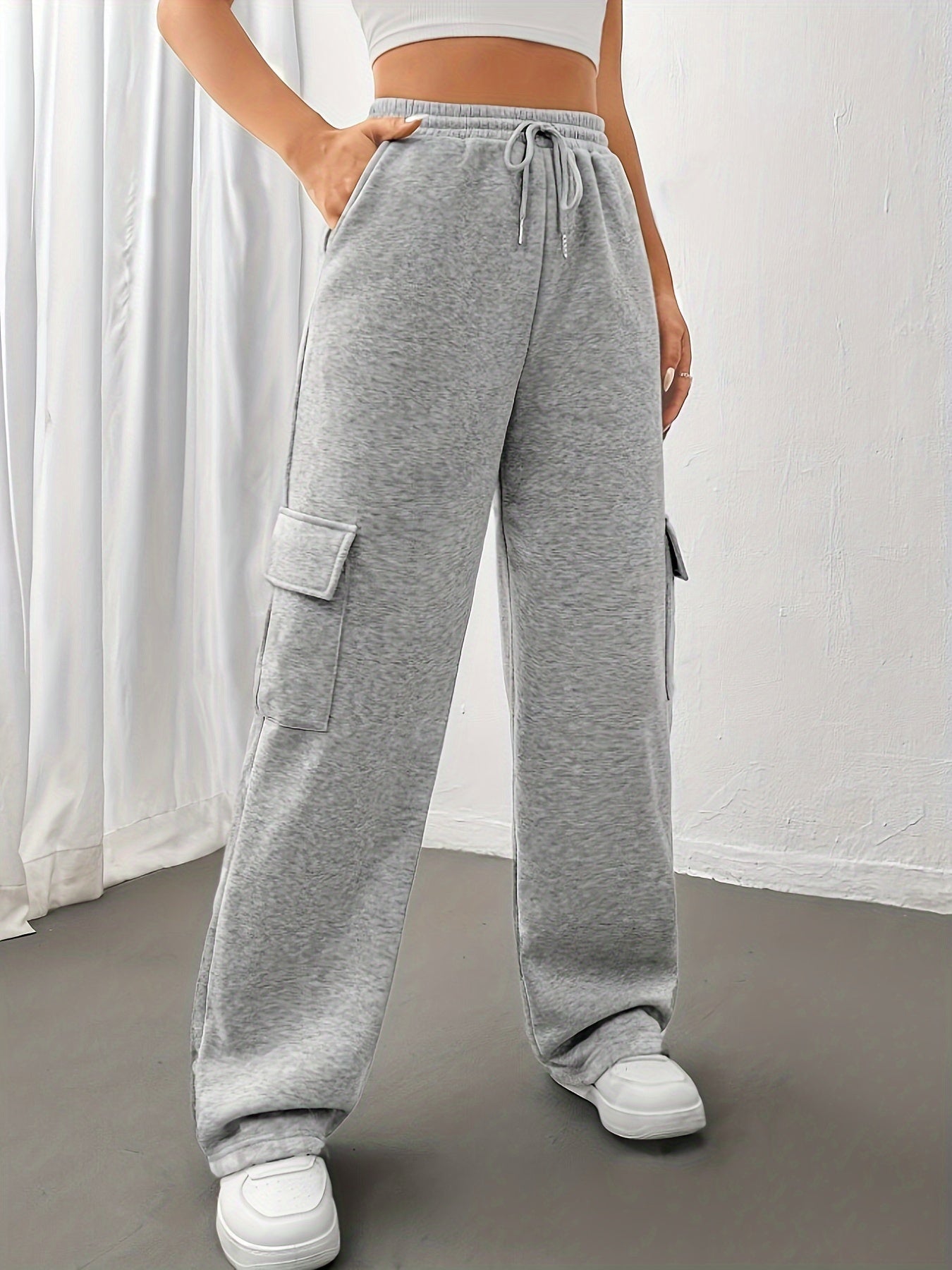 Pantalones deportivos de pierna ancha para mujer con cintura alta, cordón y bolsillos, otoño e invierno, poliéster