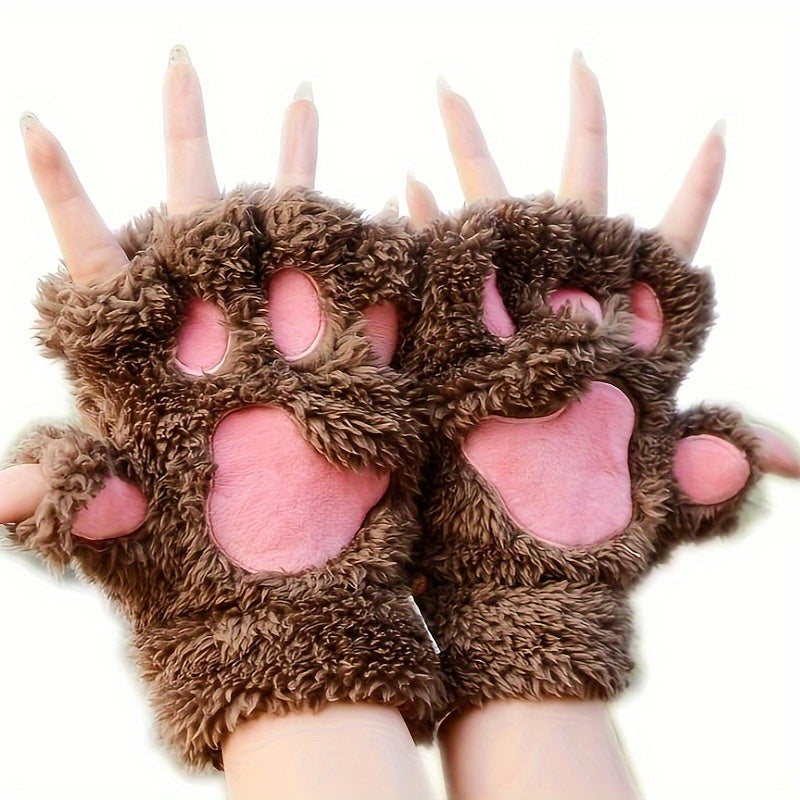 Thickened Half-Finger Winter Gloves with Cartoon Cat Paw Design for Warmth and Touchscreen Use
