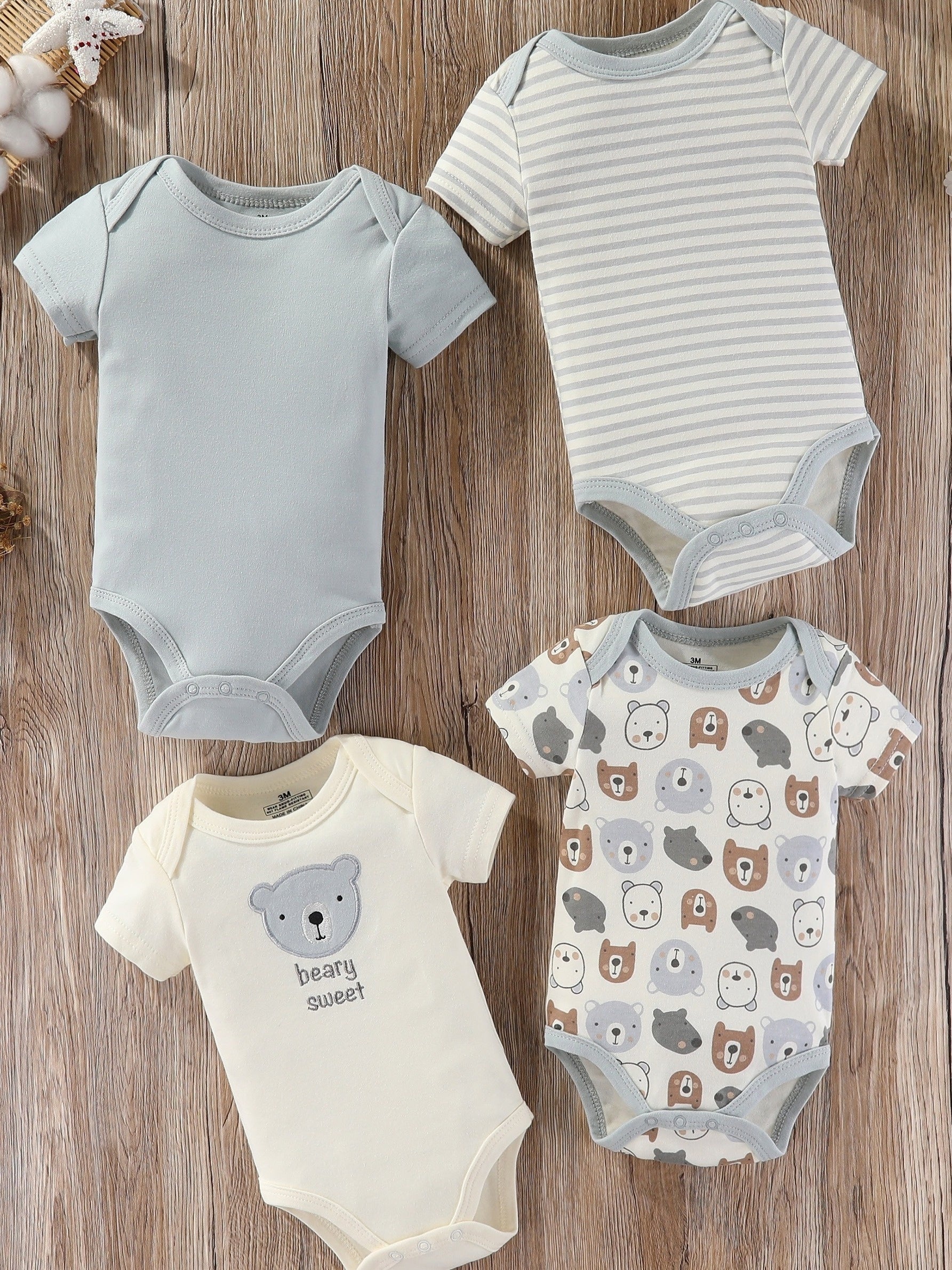 Baby Boy Short Sleeve Cotton Jumpsuit with Bear Embroidery and Stripes for Summer