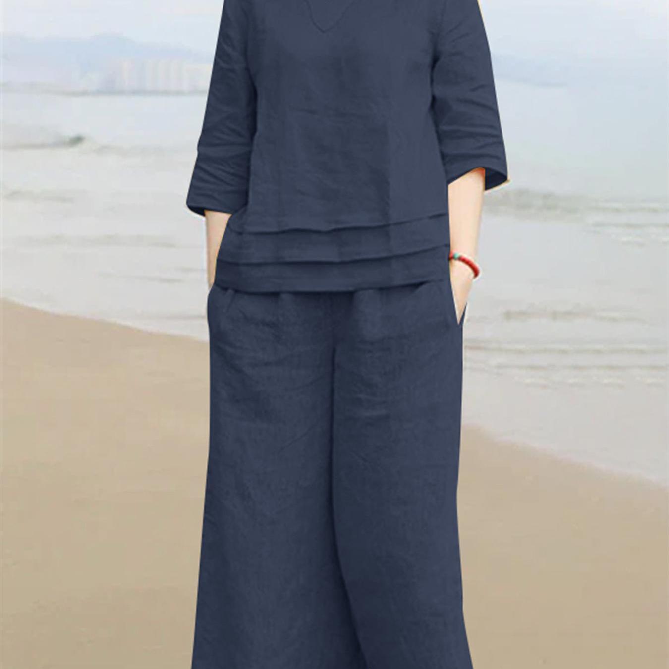 Plus Size Women's Cotton Lounge Set V-Neck Top 3/4 Sleeves Pockets Wide Leg Trousers