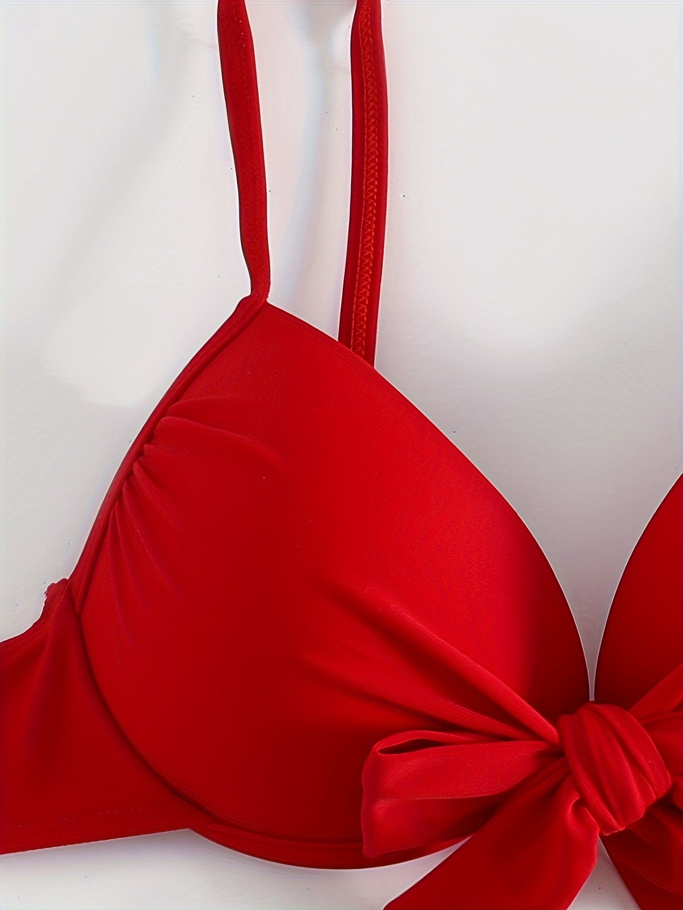 Red Solid Color Bikini Set with Lace Up Halter Neck and High Stretch Fabric