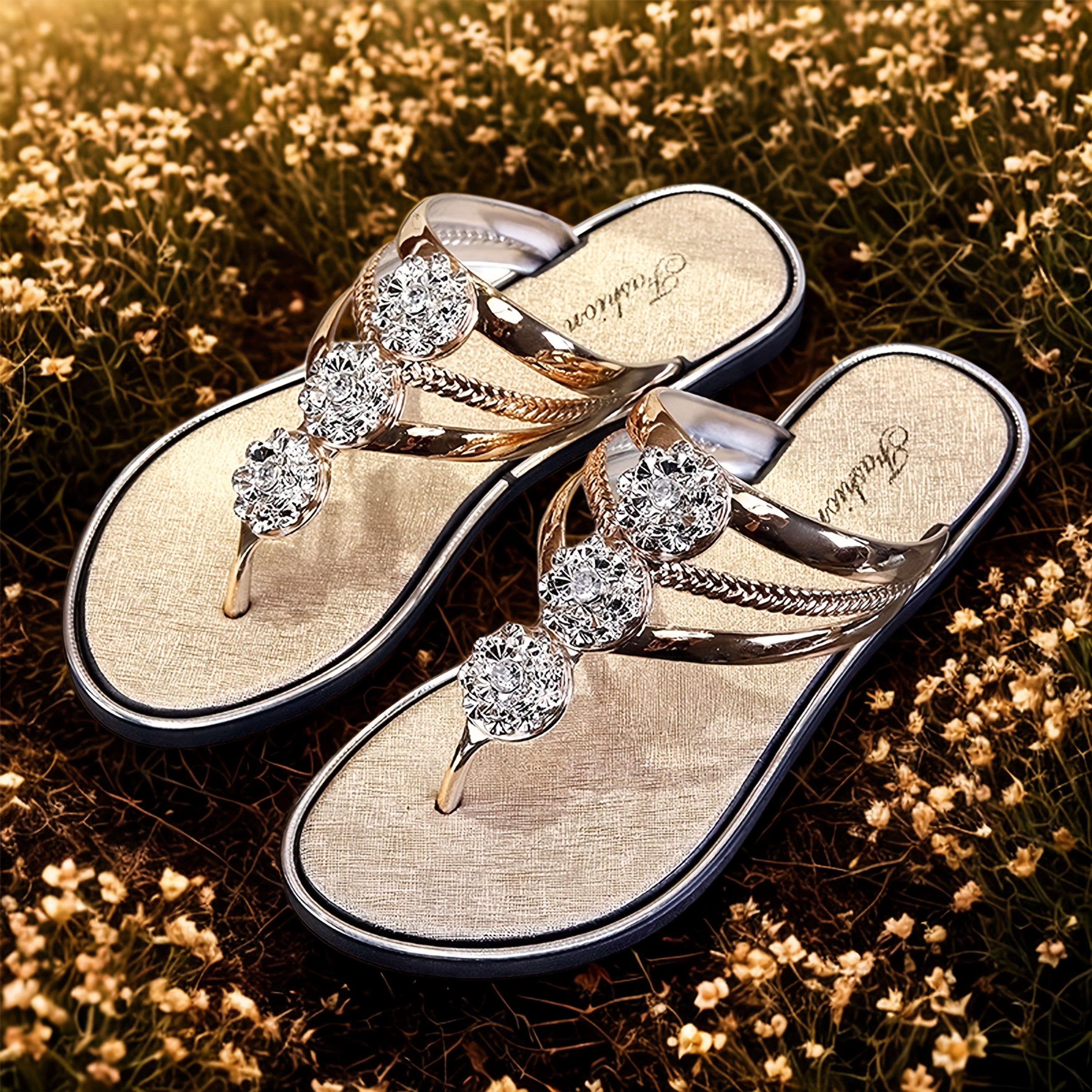 Women's Open Toe Rhinestone Flat Sandals for Beach and Casual Wear