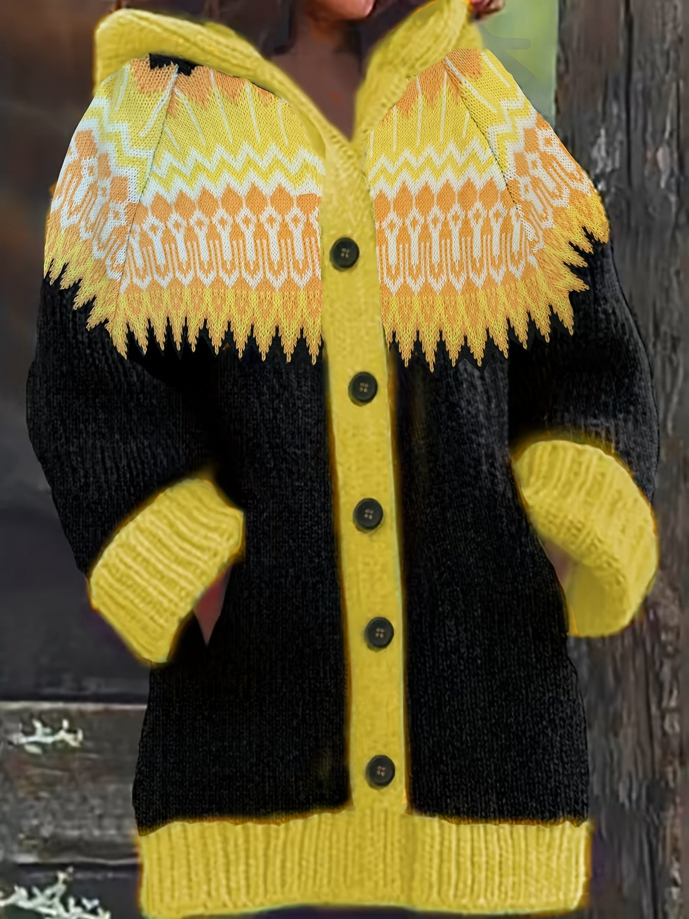 Plus Size Womens Cozy Geometric Pattern Cardigan Hooded Long Sleeve Sweater Black Yellow