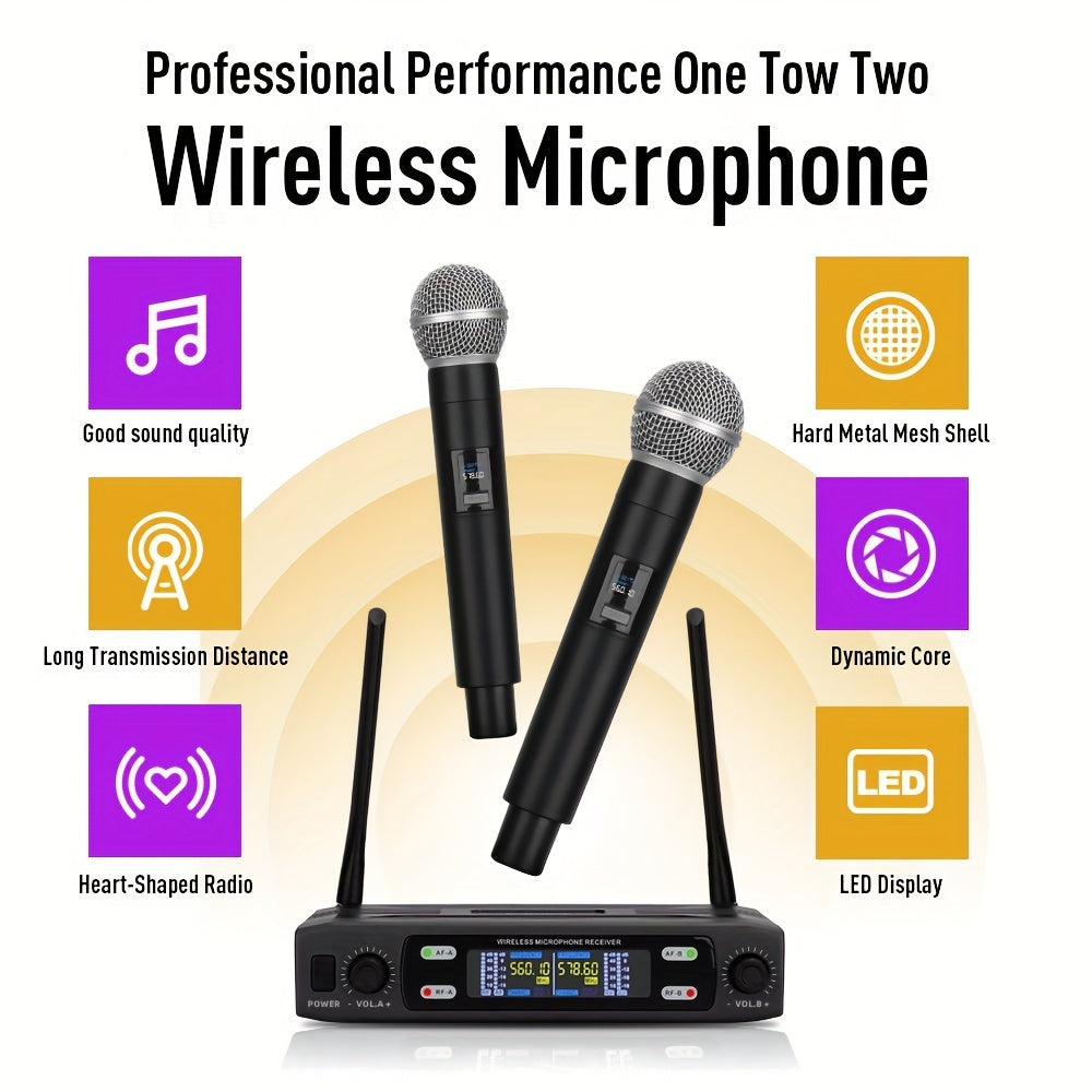 Wireless Microphone System with Dual Portable Microphones XLR Volume Control for Karaoke Stage